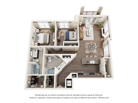 Floor plan for 2 beds, 2 baths, 1195 sqft